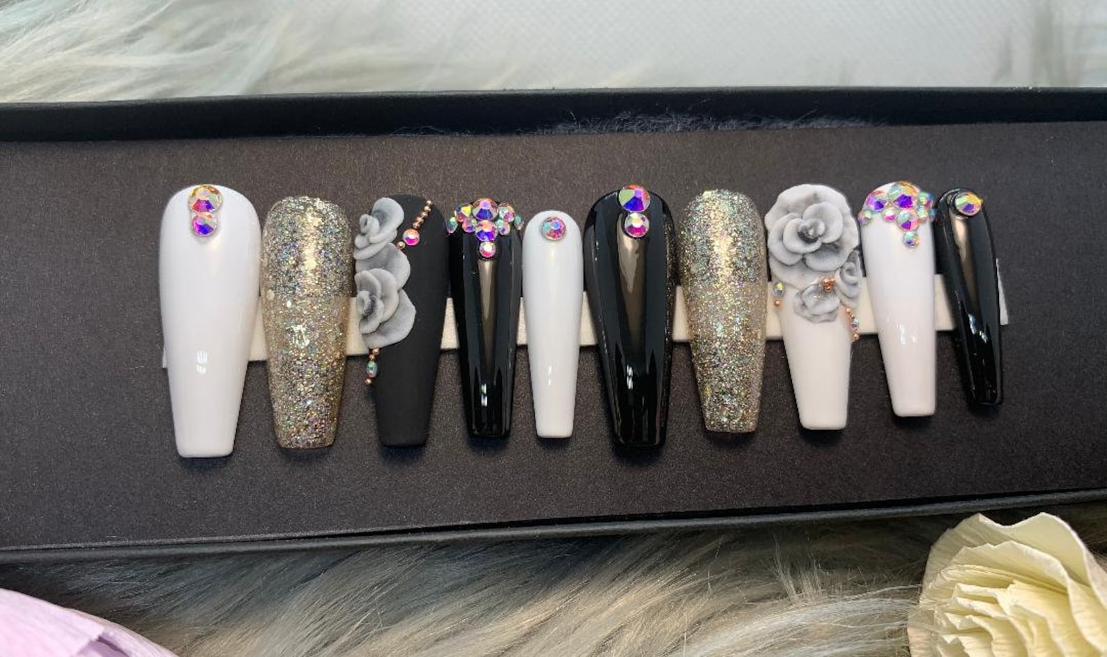 Handmade Nail Art 3D Set Black and white Flower False nails | Etsy
