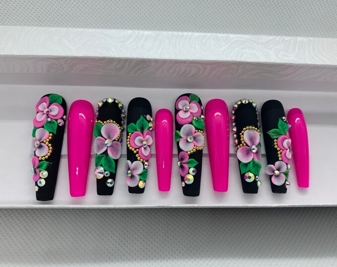 Handmade Nail Art 3D Hot Pink and Black Set , False Nails Press on