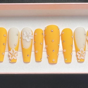 Handmade Nail Art milky yellow matte 3D flower