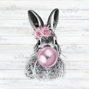 Osterhase Bubble Gum PNG, Hase bläst Blase, rosa Brille, Mädchen Osterdruck, für Sublimations- oder DTG-Druck, Skizze von Kaninchen