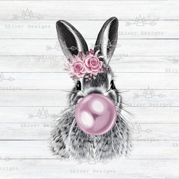 Easter Bunny Bubble gum PNG, bunny blowing bubble, pink glasses, girls Easter print, for Sublimation or DTG printing, Sketch of Rabbit
