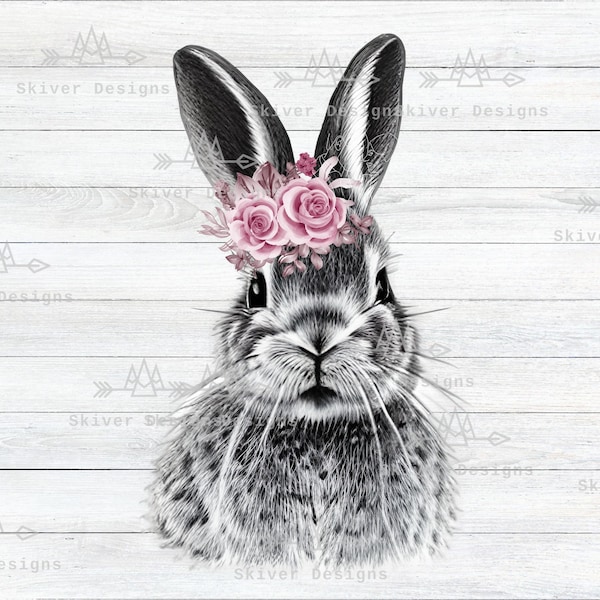 Easter Floral Bunny PNG, girls Easter print, for Sublimation or DTG printing, Hand Drawn Sketch of Rabbit, Digital Download File, Cute Baby