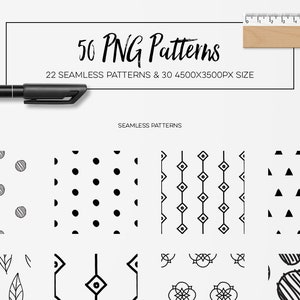 May include: A set of 56 black and white PNG patterns, including 22 seamless patterns and 30 patterns in 4500x3500 pixel size. The patterns feature geometric shapes, dots, leaves, and stripes.