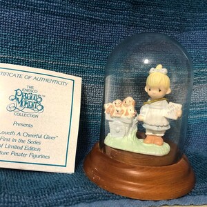 Precious Moments Girl with Puppies Collectable God Loveth A Cheerful Giver Miniature Painted Pewter Figurine with Original Packaging | Gift