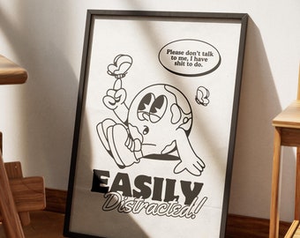 Easily Distracted Retro Mascot Illustration Art Print, Funny ADHD and Autism Gift Idea, Neurospicy. Wall Art, Vintage Illustration Artwork