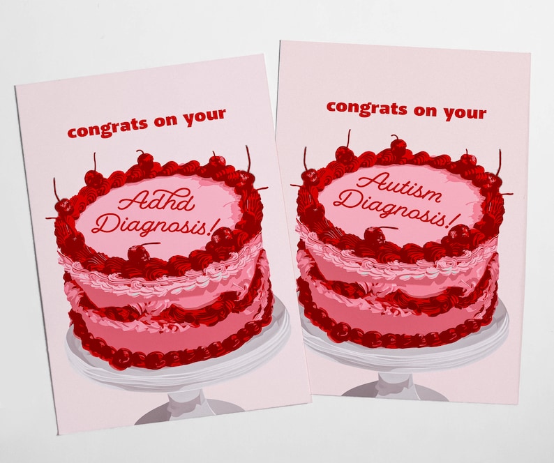 Neurodivergent Greeting Card, Congratulation Card, ADHD Diagnosis, ASD Diagnosis, Congrats on Your ADHD, Congrats on Your Autism, Retro Cake