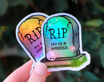 Holographic Sticker R.I.P My Old Hobbies, Funny ADHD Sticker, Neurodivergent Decal, Laptop Sticker, ADHD Gift Idea, Tombstone Sticker