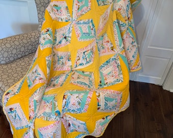 Handmade Lap Quilt/ Double Diamond Pattern/Lap Quilt/ Throw Quilt/ Yellow, Aqua, White/ Diamond Throw Quilt/ Gift of a Quilt