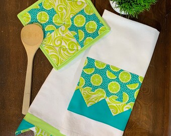 Lime Tea Towel, Limes, Quilted Potholders, Decorative Tea Towels, Tea Towel Gift, Spring Time, Margarita style Tea towel, Lime and Turquoise