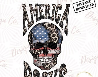 America Rocks, Leopard Skull PNG, Distressed Skull, Fourth of July Sublimation Designs for Tshirts, Transparent  Background