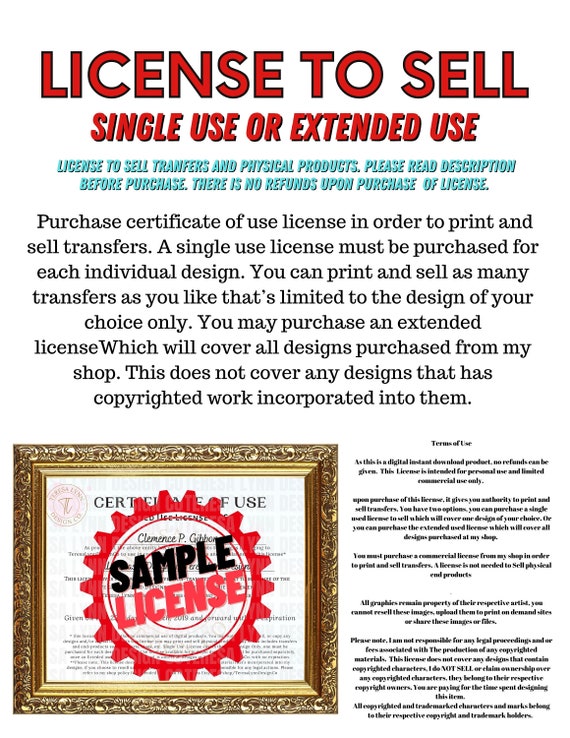 License to Sell Certificate of Use License for Limited Etsy