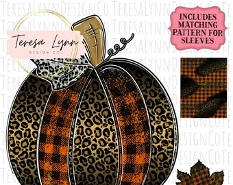 Rustic  Pumpkin Bundle | Orange Plaid Aztec  Pumpkin Sublimation Design, Includes Matching Pattern for Sleeves + Patch || Png