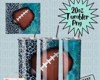 Football Turquoise  Leopard Print Tumber Wrap | Digital 20 oz Skinny Tumbler, PNG, Football | Digital Download | Straight Tumbler Wrap | Png