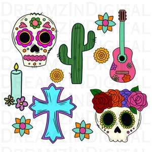 死者の日 PNG バンドル、死者の日のクリップアート、8 つの PNG ファイル、カラベラ、シュガー スカル、メキシコのクリップアート、Png ファイル