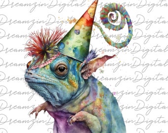 Aquarell Chamäleon PNG, Party Chamäleon Clipart, Chamelion Kunst, Clipart für Aufkleber, kostenlose kommerzielle Nutzung, sofortiger Download, 4 Png-Dateien