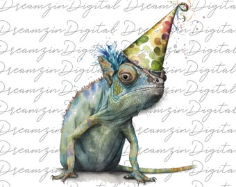 Aquarell Chamäleon PNG, Party Chamäleon Clipart, Chamelion Kunst, Clipart für Aufkleber, kostenlose kommerzielle Nutzung, sofortiger Download, 4 Png-Dateien