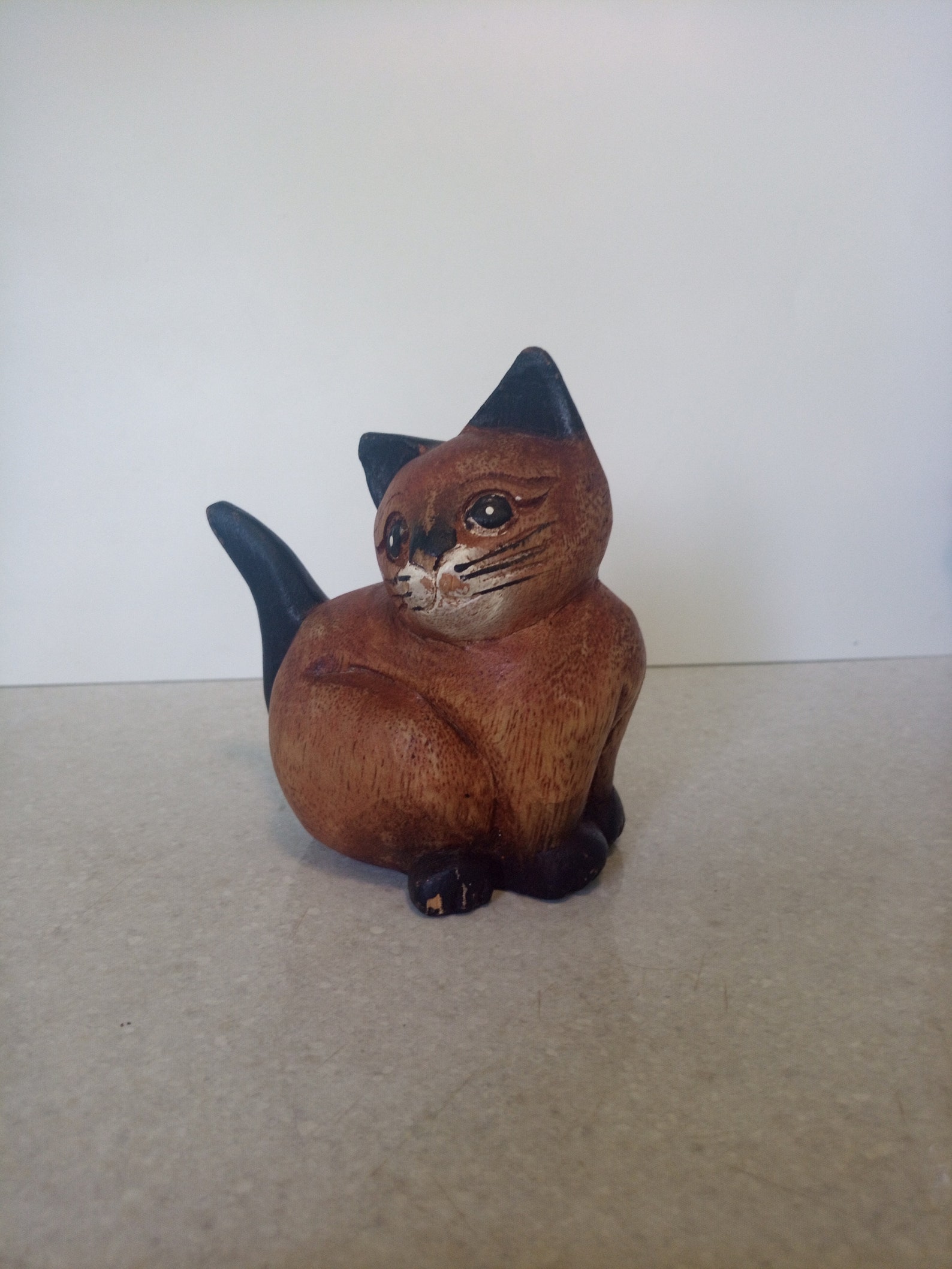 Vintage wooden Cat figurine. Wood carved figurine of a kitten. Etsy