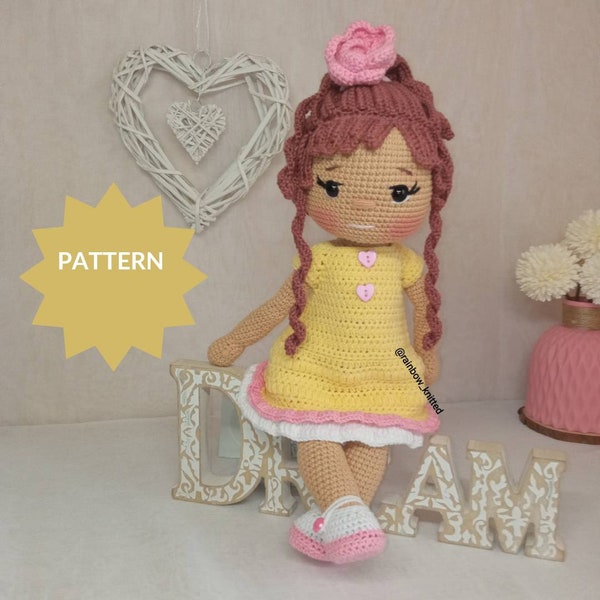 crochet doll pattern pdf gabriela  with crochet hair crochet dress hat and shoes, tutorial pattern how to make your one crochet doll