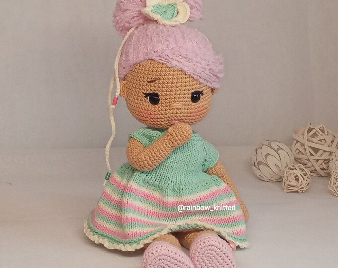Handmade Crochet Doll in Soft Pink Dress with Curly Hair