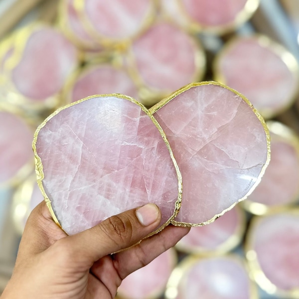2-100pcs Rose Quartz Coasters with Gold / Silver Glided Edge || Homeware & Gifts / Pink Rose Quartz Coasters