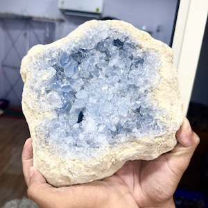 Perfección de geoda de celestita grande de 8" / Clúster de cristal de celestita azul de Madagascar / Rocas finas, minerales y cristales