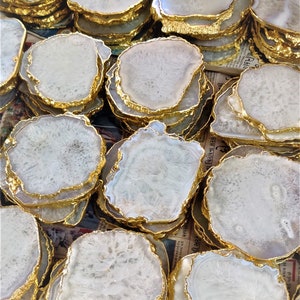 2-100piece BULK White Agate Coaster, Gold ElectroPlating On Sale Tea Coffee Home Decor Table Ware Furnishing Crystal Hostess Gift Slice 4''