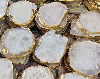 2-100piece BULK White Agate Coaster, Gold ElectroPlating On Sale Tea Coffee Home Decor Table Ware Furnishing Crystal Hostess Gift Slice 4''