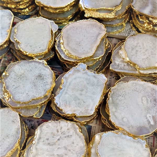 2-100piece BULK White Agate Coaster, Gold ElectroPlating On Sale Tea Coffee Home Decor Table Ware Furnishing Crystal Hostess Gift Slice 4''
