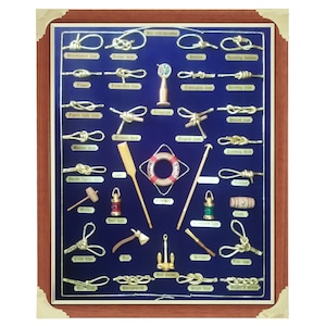 Board of 43x53cm, with golden sailor's knots and miniature naval tools, golden cardboard labels and blue fabric background.