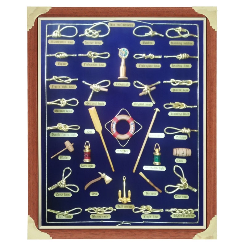 Board of 43x53cm, with golden sailor's knots and miniature naval tools, golden cardboard labels and blue fabric background.