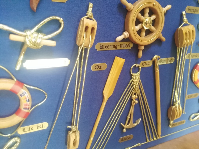 Side view of miniatures of naval tools, fabric background and golden cardboard labels.