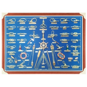 Tafel van 73 x 53 cm met gouden knopen en miniaturen van marinegereedschap, stoffen achtergrond en gouden kartonnen labels