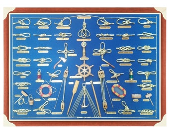 73x53cm table with golden knots and miniatures of naval tools, fabric background and golden cardboard labels