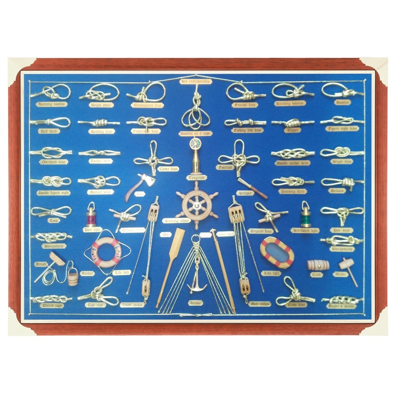 73x53cm table with golden knots and miniatures of naval tools, fabric background and golden cardboard labels.