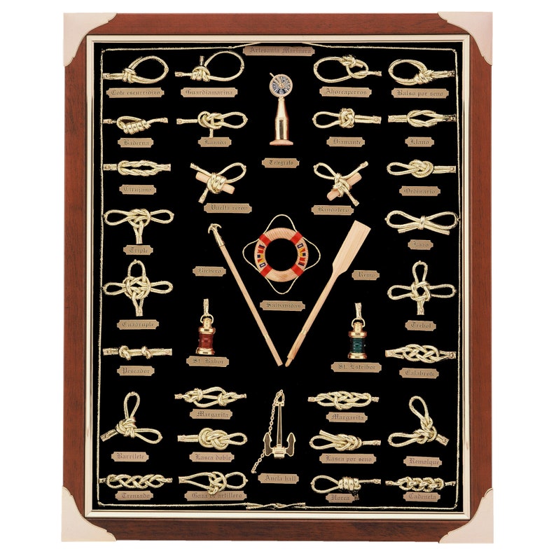 Board of 43x53cm, with golden sailor's knots and miniature naval tools, wall nautical decoration. Negra
