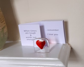 Red Heart Fused Glass Keepsake, in a Greeting box/card, Virtual hug, Remember I love you. Postable as large letter
