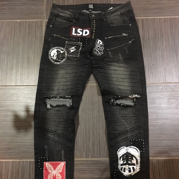 Custom Handmade Crust Patchwork Destroyed Jeans black skinny