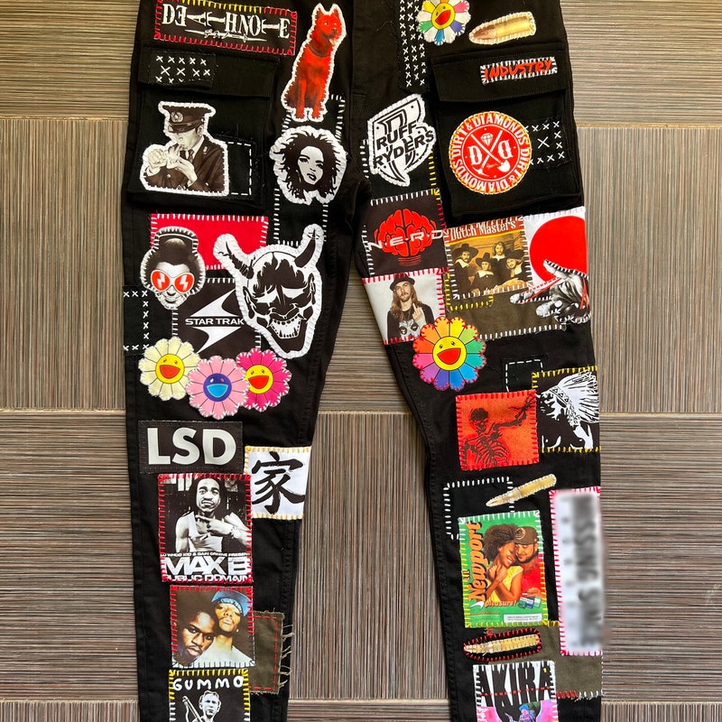 Patchwork-print mid-waist jeans