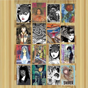 Può includere: Una collezione di 12 copertine di fumetti manga horror con una varietà di personaggi e scene. Le copertine sono in formato griglia e presentano una varietà di colori, tra cui nero, bianco, rosso e blu.