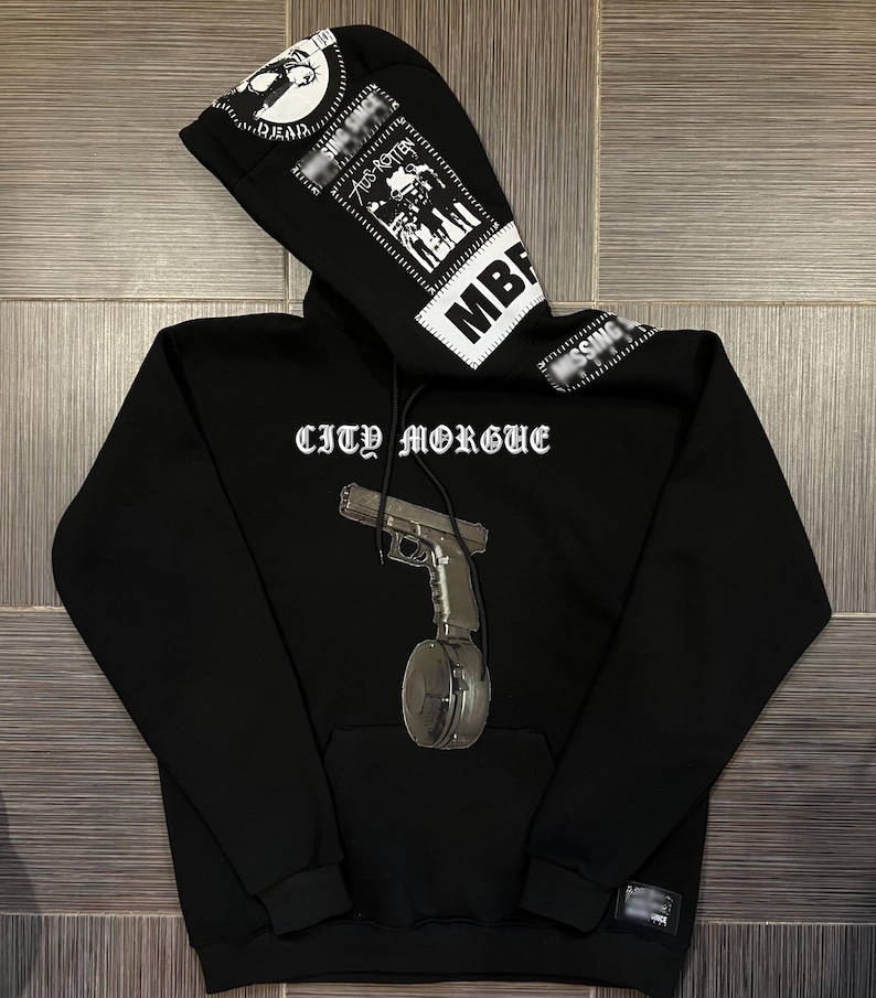Hoodie with print C-Mag Magazine 9 mm Glock
with studs patches
patched hoodie for gift