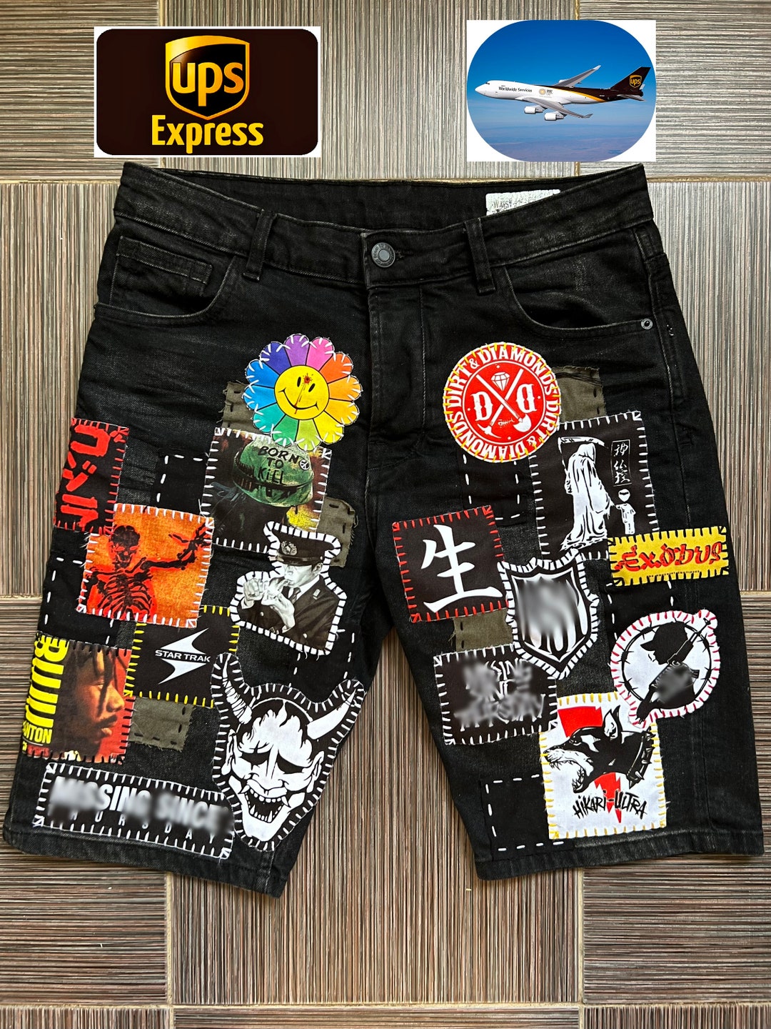 Shorts Black Custom Handmade Patchwork Express Shipping Included