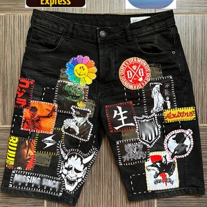 Shorts black Custom Handmade Patchwork Express shipping included