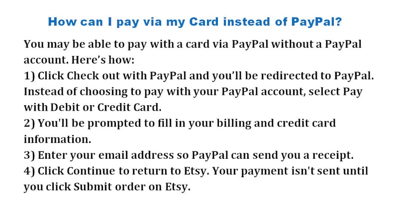 May include: Text-based instructions on how to pay with a credit card via PayPal without a PayPal account. The steps include clicking "Check out with PayPal", selecting "Pay with Debit or Credit Card", entering your email address, and clicking "Continue" to return to Etsy.