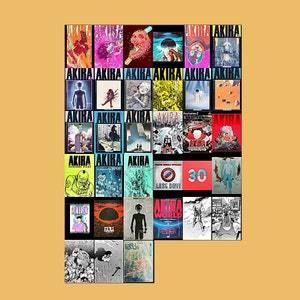 Puede incluir: Una colección de varias portadas de manga "Akira" y obras de arte relacionadas. Las portadas presentan colores vibrantes, ilustraciones dinámicas y el título "Akira" de forma destacada. La obra de arte incluye personajes, escenas y elementos gráficos.