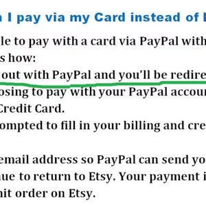 May include: A green line highlights the text "Click Check out with PayPal and you'll be redirected to PayPal."  The text below explains how to pay with a debit or credit card instead of using a PayPal account.
