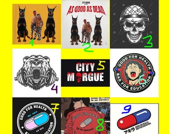 May include: A collage of nine images featuring various designs. The top row features three images: two Doberman Pinschers, a skull with a helmet, and a band poster with the text "As Good As Dead". The middle row features a bear with a barbell, a black and red logo with the text "City Morgue", and a red circle with the text "Good for Health, Bad for Education". The bottom row features a red and blue pill with the text "Good for Health, Bad for Education", a character from the anime "Akira" wearing a red jacket with the text "Good for Health, Bad for Education", and a red and blue pill with the text "Good for Health, Bad for Education" in Japanese.