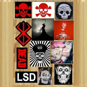 Könnte beinhalten: Eine Collage aus 10 verschiedenen Stickern mit Totenköpfen, einem Sensenmann, einem Bandlogo und einem Rapper. Die Sticker sind alle in Schwarz und Rot mit weißen Akzenten.