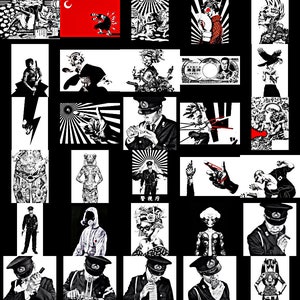 Può includere: Un collage di immagini in bianco e nero con accenti rossi. Le immagini presentano una varietà di soggetti, tra cui persone, animali e disegni astratti. Le immagini sono disposte in una griglia e sono tutte in uno stile simile.