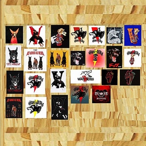 May include: A collage of 24 different designs featuring a variety of images, including dogs, skulls, and the text "Hikari-Ultra", "War Dogs", "City Morgue", and "As Good As Dead".