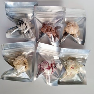 May include: Six individual bags of ice cream, each containing a different flavor. The bags are clear plastic with a silver zipper seal. The ice cream flavors include chocolate chip cookie dough, chocolate, vanilla, strawberry, and two other flavors.
